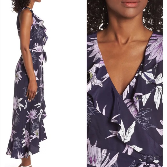 VINCE CAMUTO Asymmetrical Faux Wrap Floral Tie Waist Midi Dress - Picture 3 of 10